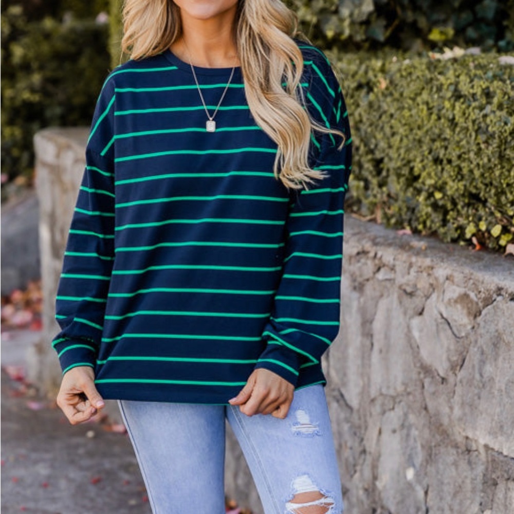 Pink Lily It’s a Deal Navy and Green Striped Knit Long Sleeve  Blouse